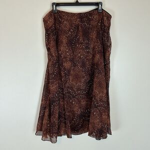 100% Silk 16 XL Skirt Midi Brown Geometric Flare Grunge Y2K Feminine Boho